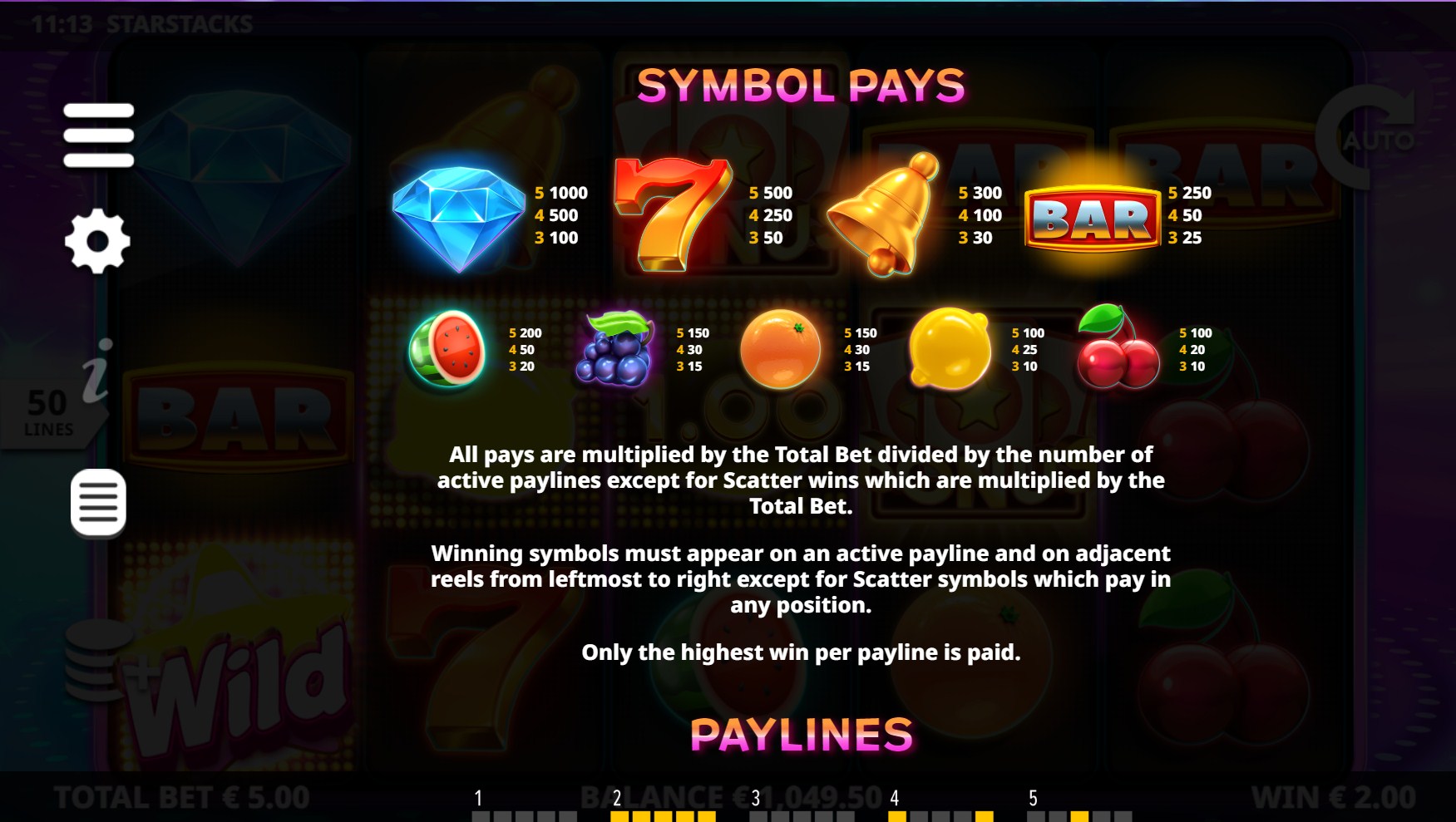 Star Stacks Slot Paytable